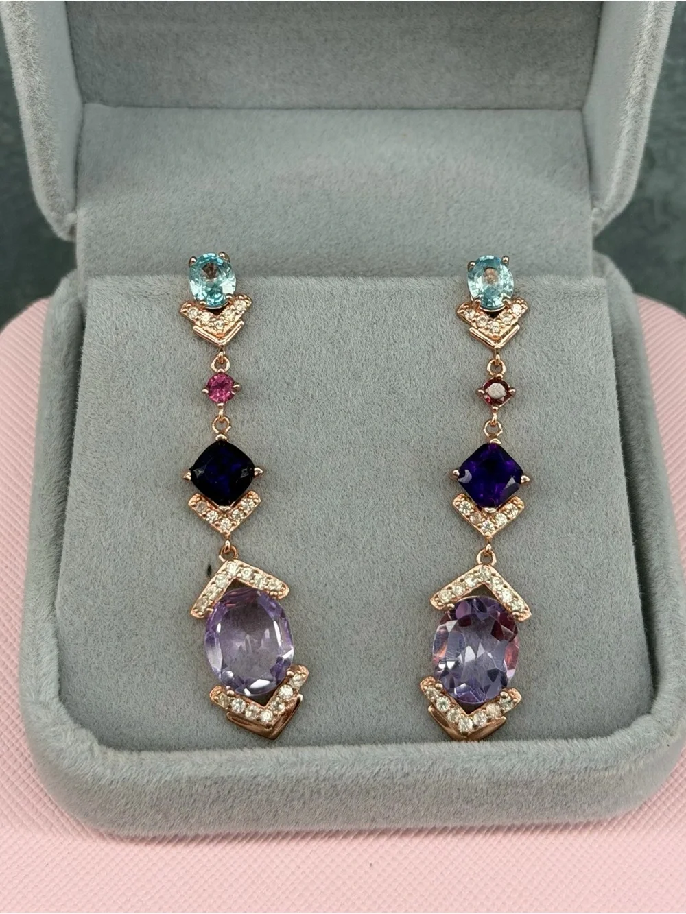 STUNNING! Natural Amethyst, Garnet, Topaz Dangle Earrings 14K Rose Gold over SS